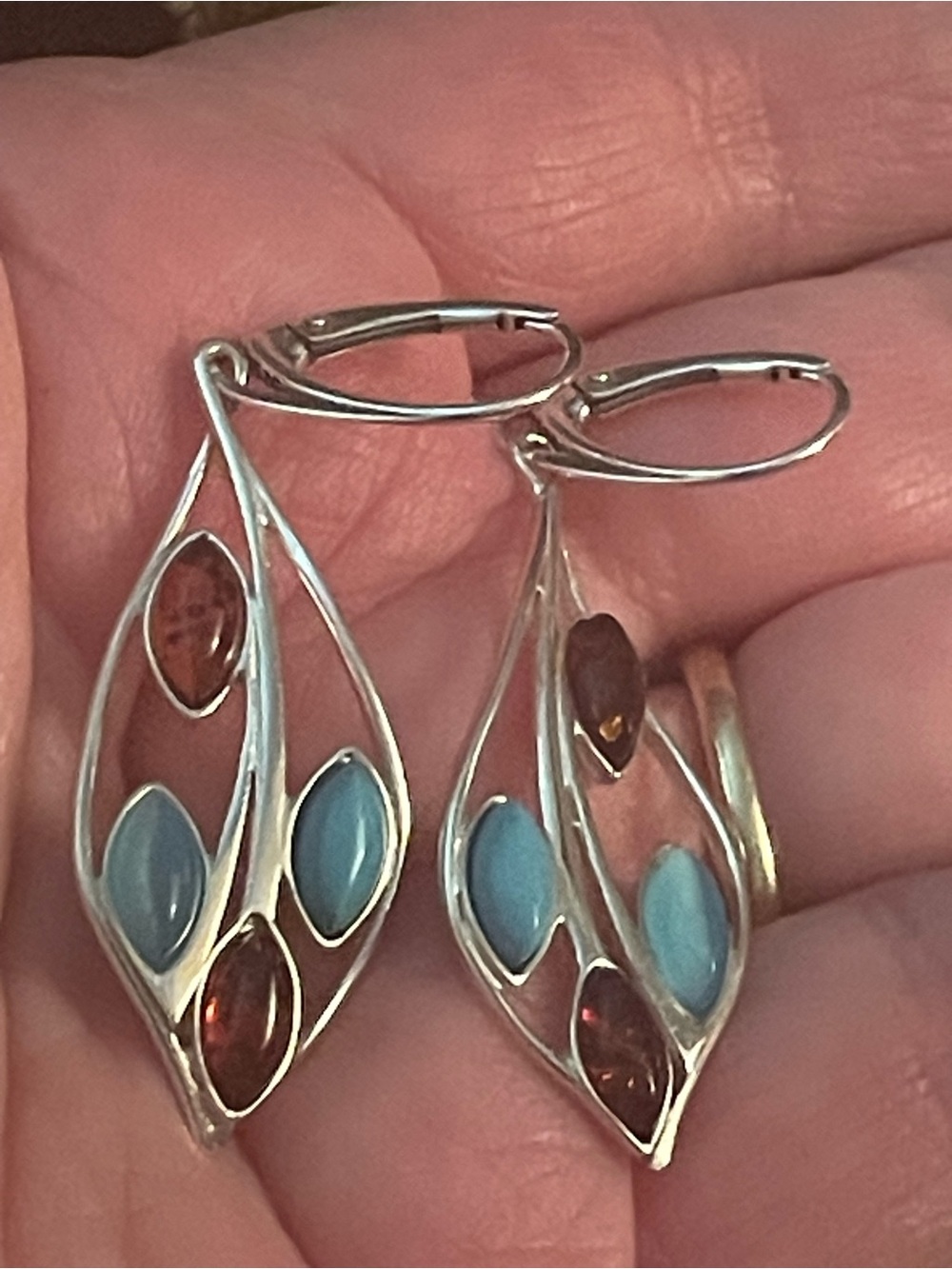 925 Sterling Silver Blue and Brown Stone Drop Earrings